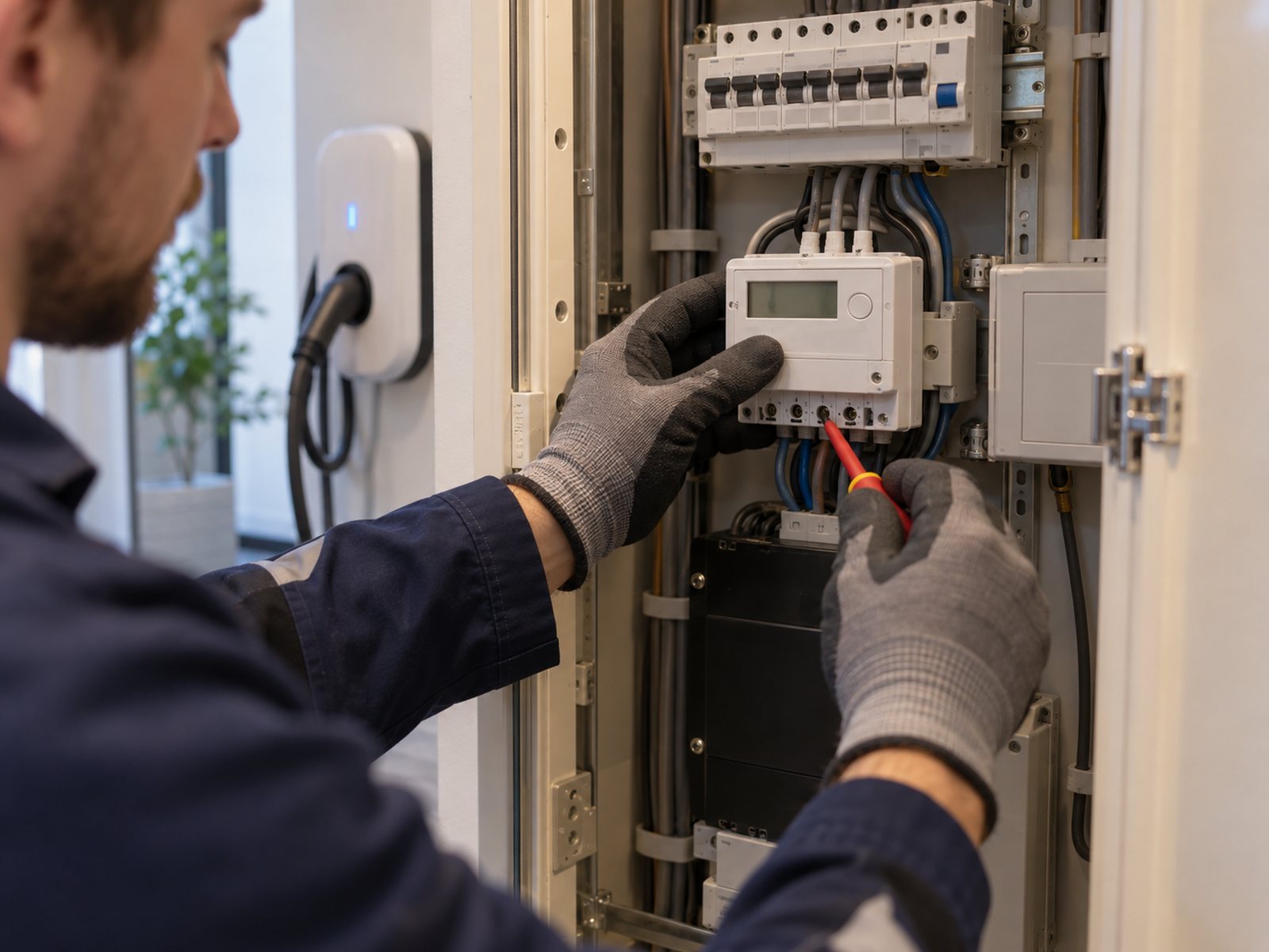Gecertificeerde installateur plaatst een MID-meter in de meterkast naast een wandlader