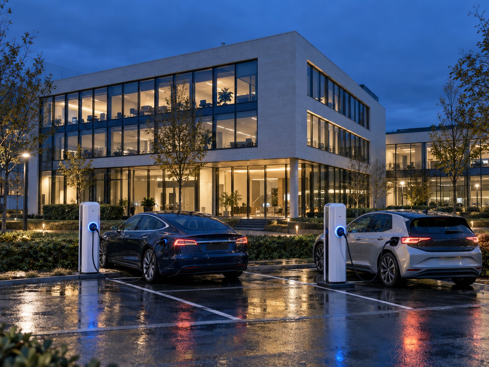 Modern Nederlands kantoorpand met laadpalen op de parkeerplaats bij schemerlicht