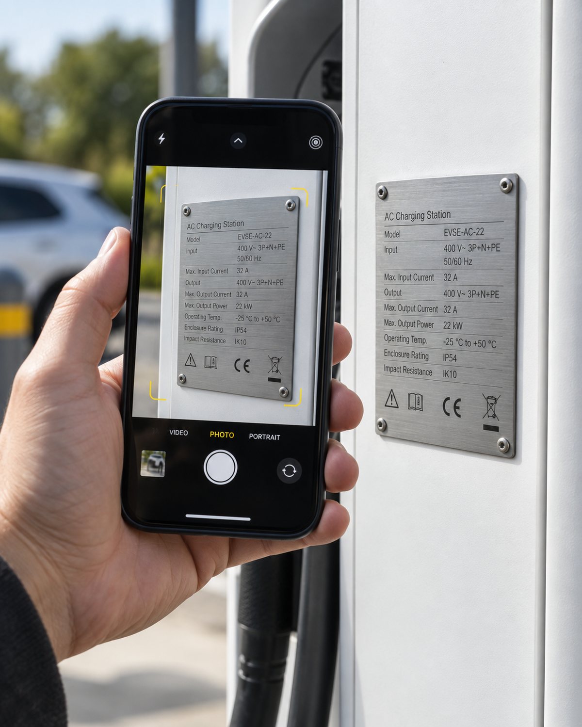 Iemand fotografeert met een smartphone het typeplaatje van een witte laadpaal