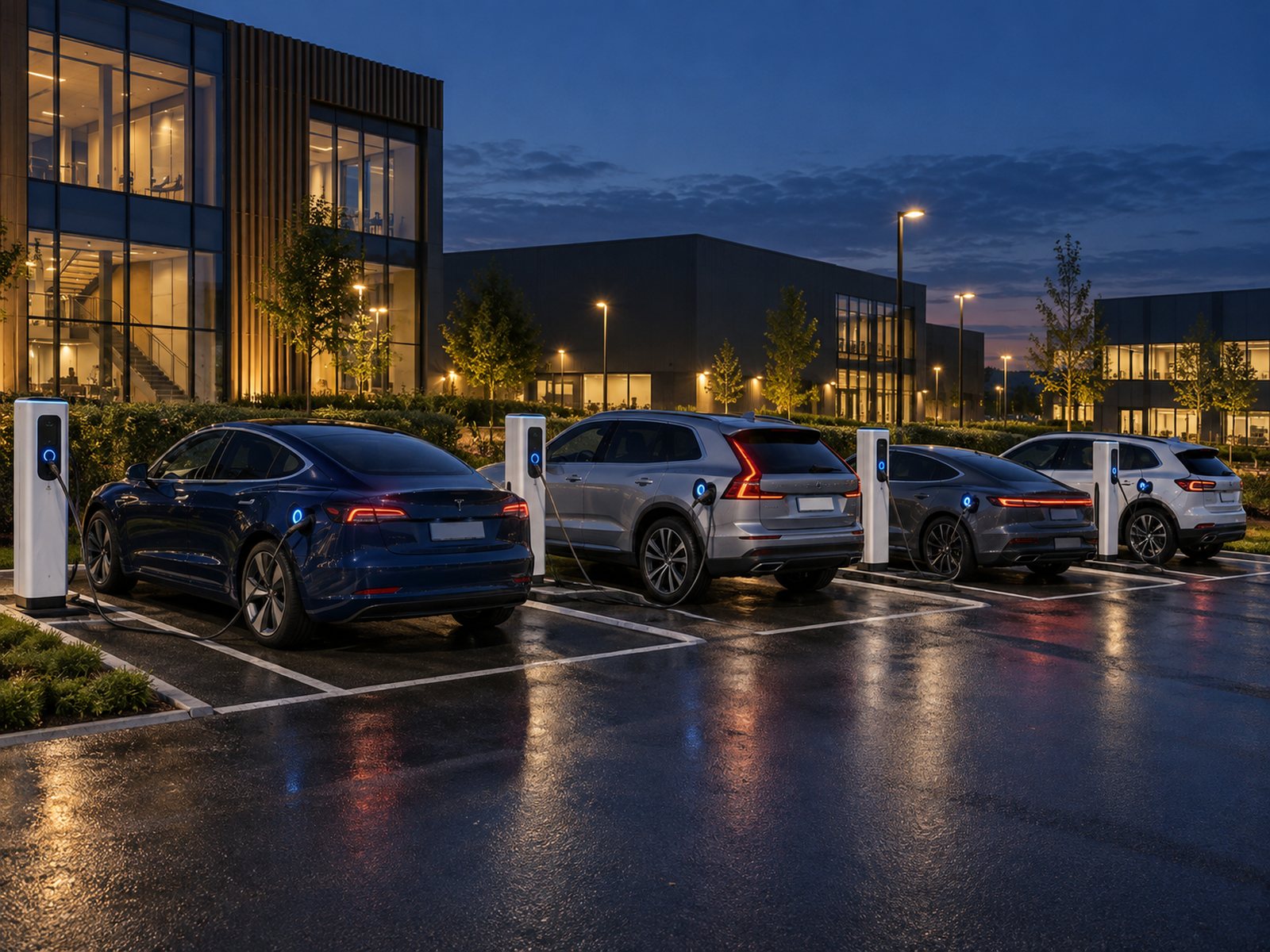 Rij laadpunten met ladende elektrische auto's op een bedrijventerrein in de schemering